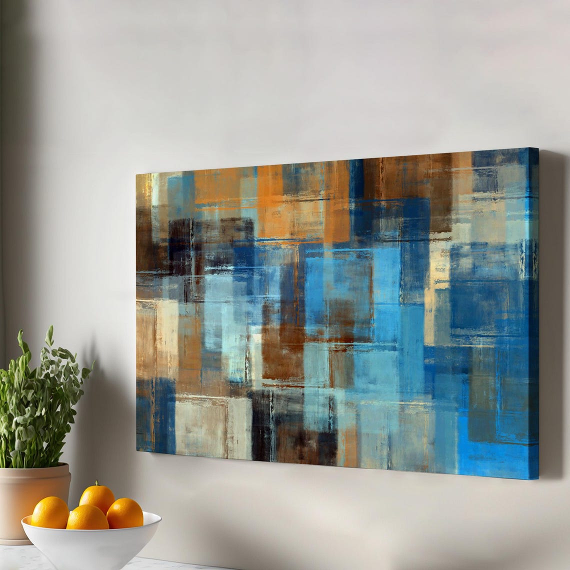 Abstract Geometric Blue And Brown Brushstroke Modern Canvas Print