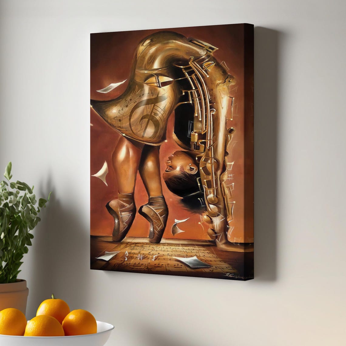 Ballerina Merging With A Saxophone Surreal Musical Canvas Art Poster