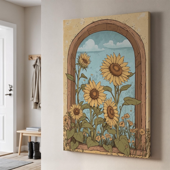 Sunflower Garden Arched Window Vintage Floral Canvas Yellow Bloom Wall Art