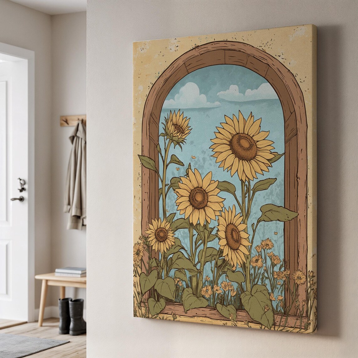 Sunflower Garden Arched Window Vintage Floral Canvas Yellow Bloom Wall Art