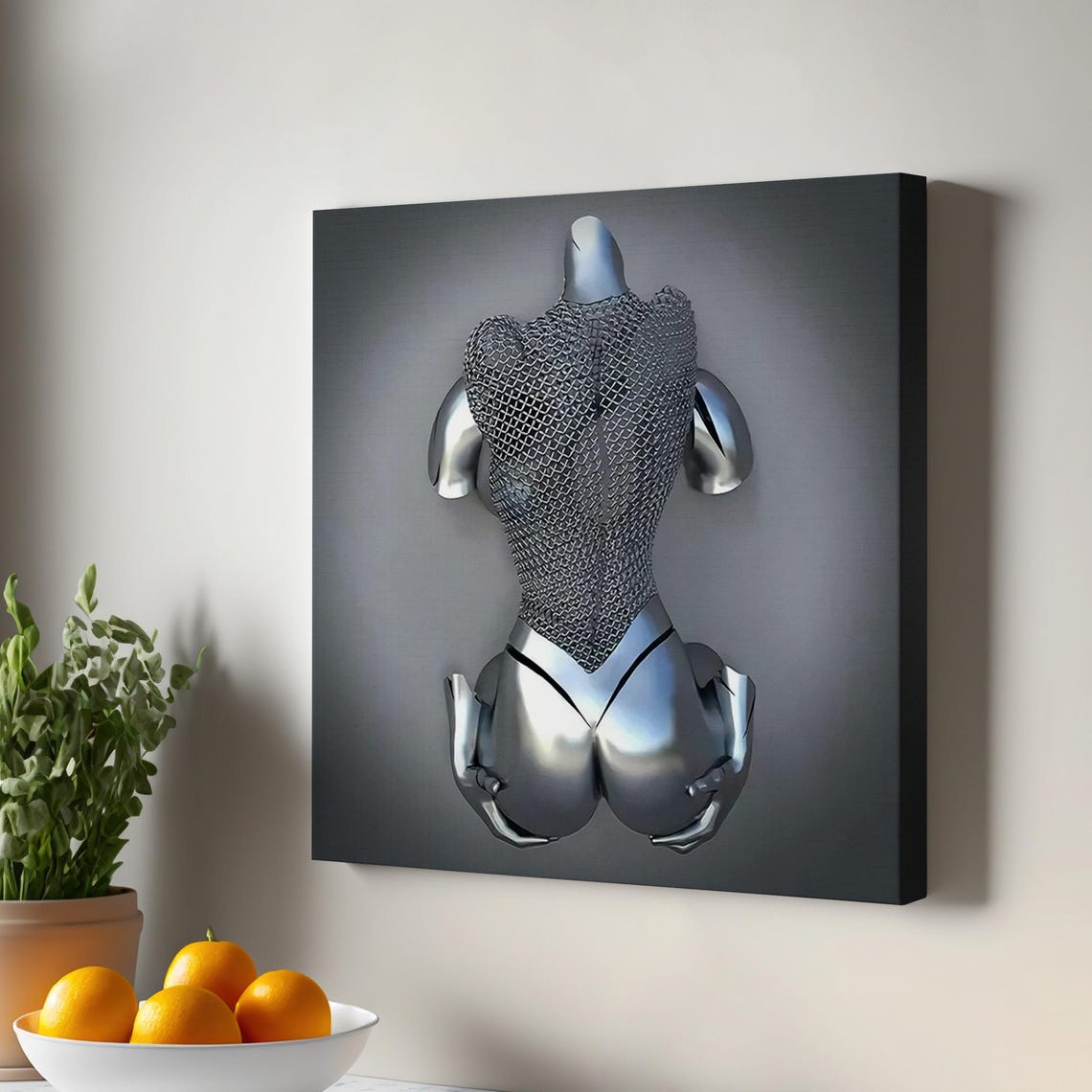 Gray Silver Metallic Human Torso Sculpture Modern Decor Wall Art
