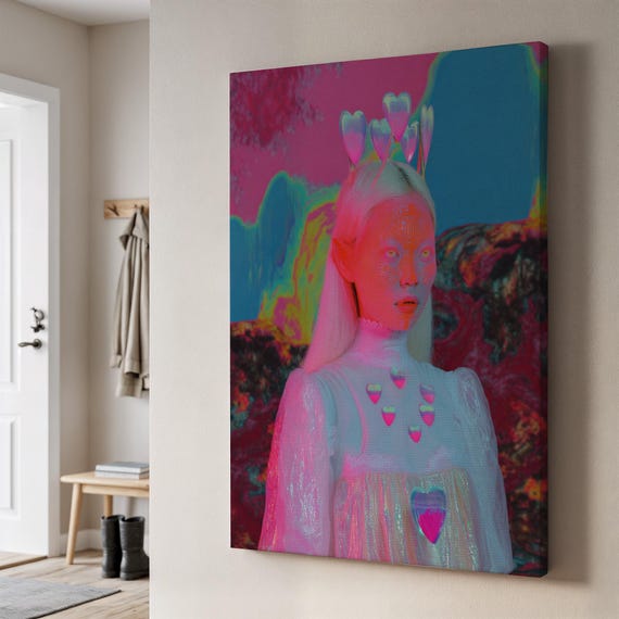 Psychedelic Girl Portrait Canvas Art Neon Pop Surreal Wall Decor Trippy Heart Crown Print Edgy Gift For Alt Rooms Creative Souls
