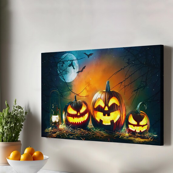Gas Lantern And Carved Pumpkins Halloween Decorative Wall Painting Large Art Framed Canvas