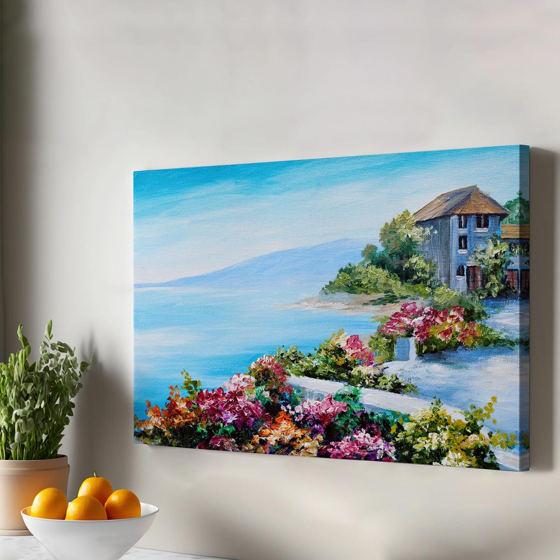 Seaside Villa Among Bright Flowers Coastal Oil Style Art Poster