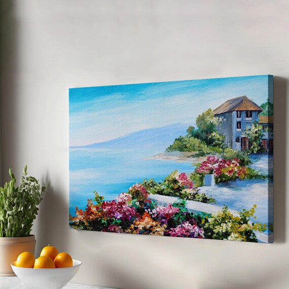 Seaside Villa Among Bright Flowers Coastal Oil Style Art Poster