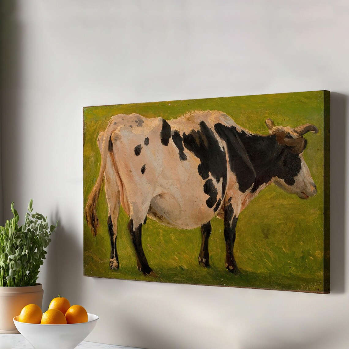 Black and White Cow Vintage Pasture Animal Oil Painting Poster