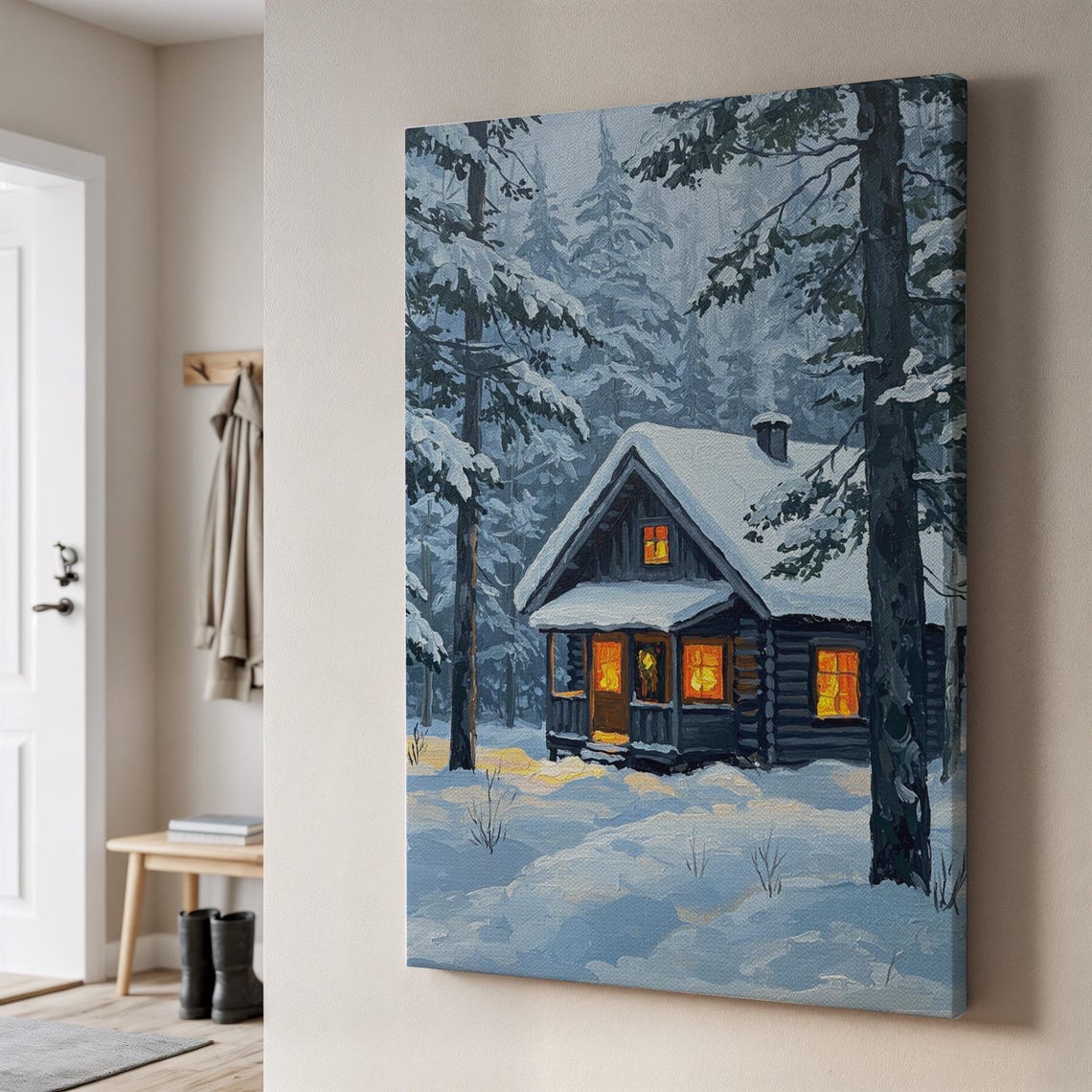 Snowy Log Cabin Canvas Glowing Windows Winter Night Forest Wall Art