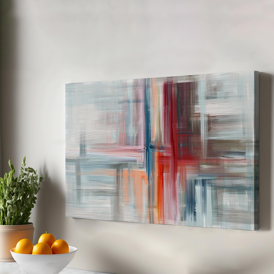 Abstract Oil Painting Teal Gray Red Brushstrokes Modern Canvas Art Poster