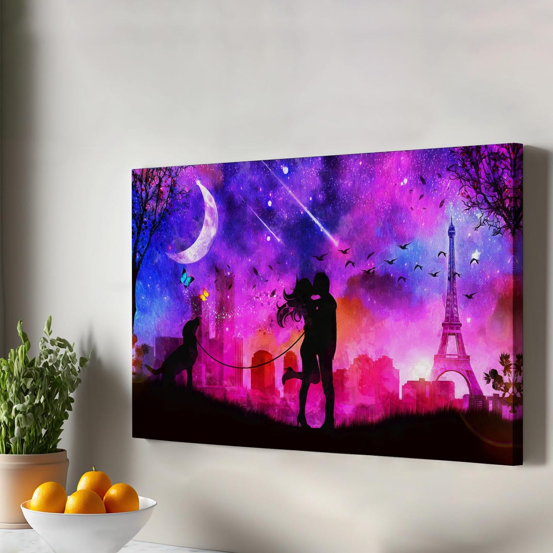 Romantic Paris Night Kiss Eiffel Tower Silhouette Canvas Poster