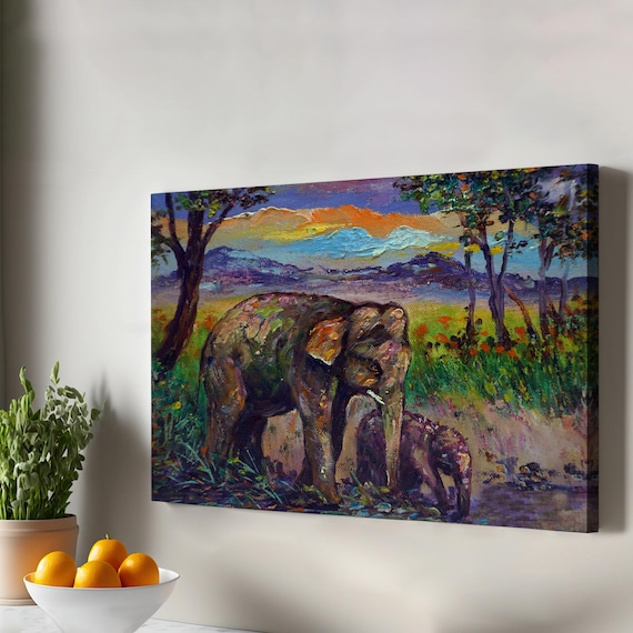 Baby Elephant And Mother In The Forest Painting Animal Canvas Wall Art Decor Framed