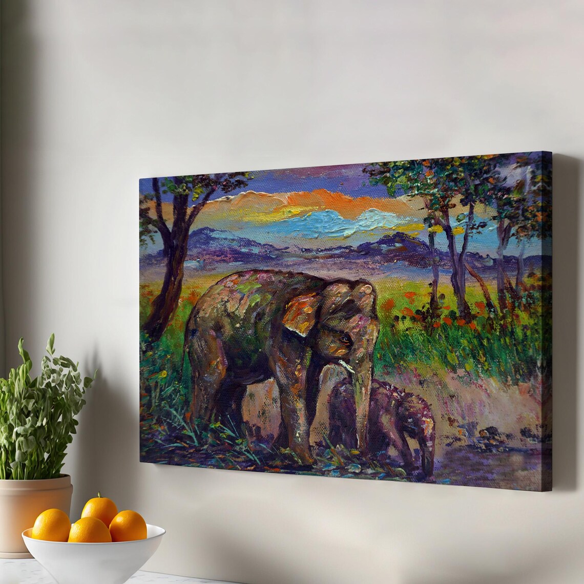 Mother Elephant And Baby Calf Sunset Forest Oil Painting Poster