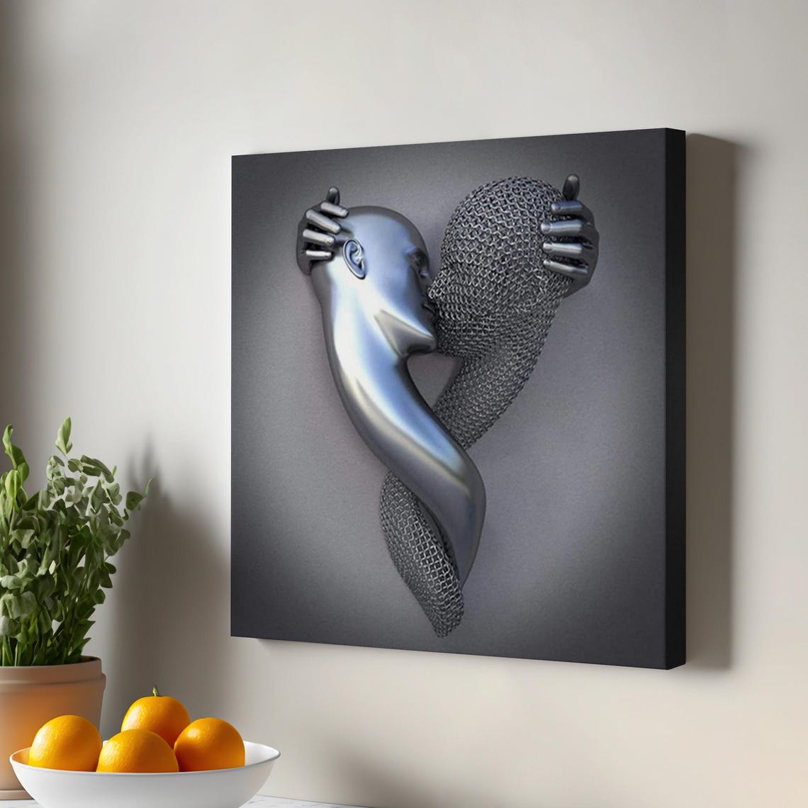 Chrome Embracing Couple Kiss 3D Metallic Sculpture Abstract Art Poster