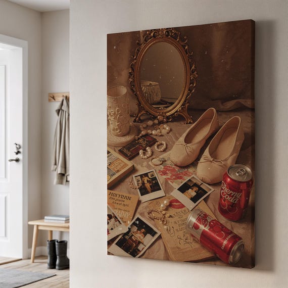 Vintage Vanity Still Life Canvas Art Soft Dark Academia Print Retro Feminine Wall Decor Nostalgic Framed Gift For Cozy Rooms