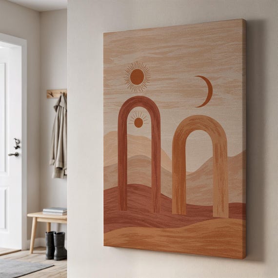 Boho Sun Moon Arch Canvas Art Terracotta Minimal Wall Decor Abstract Desert Landscape Print Neutral Framed Trendy Home Gift