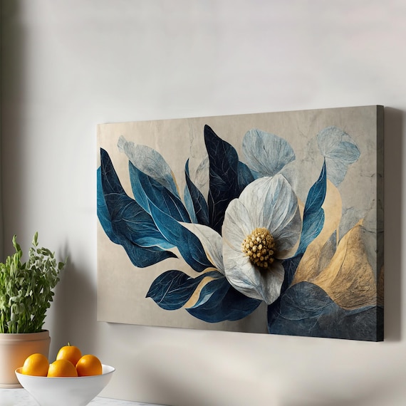 Navy Blue White Gold Flower Canvas Wall Art Modern Botanical Bloom