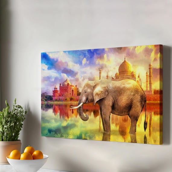Elephant And Taj Mahal Landscape Oil Painting Look Decorative Canvas Wall Art Housewarming Gifts Large Animal Modern