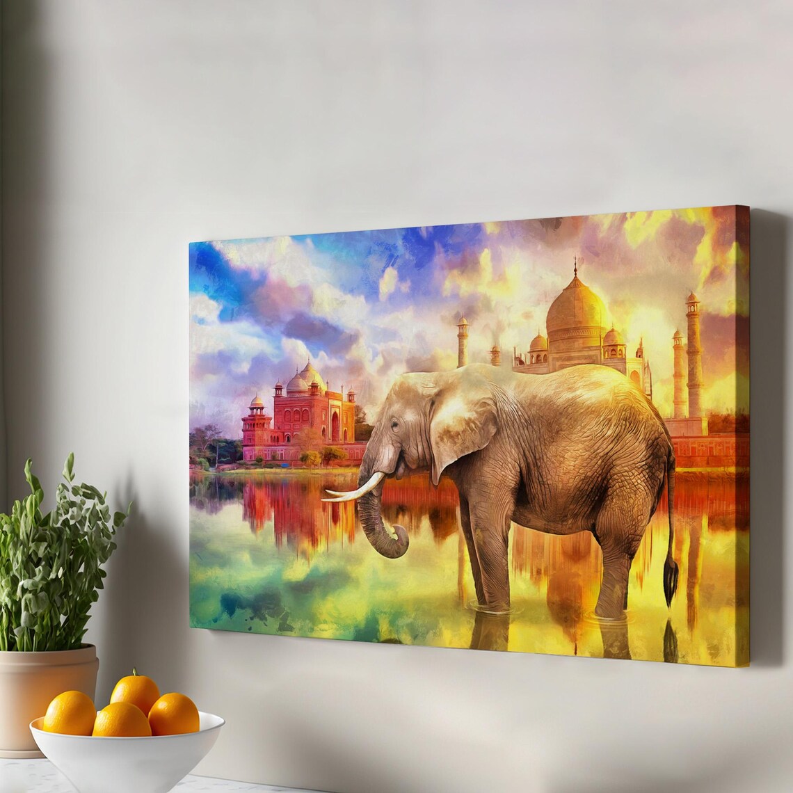 Elephant Before Taj Mahal Sunset Golden Watercolor Animal Poster Decor