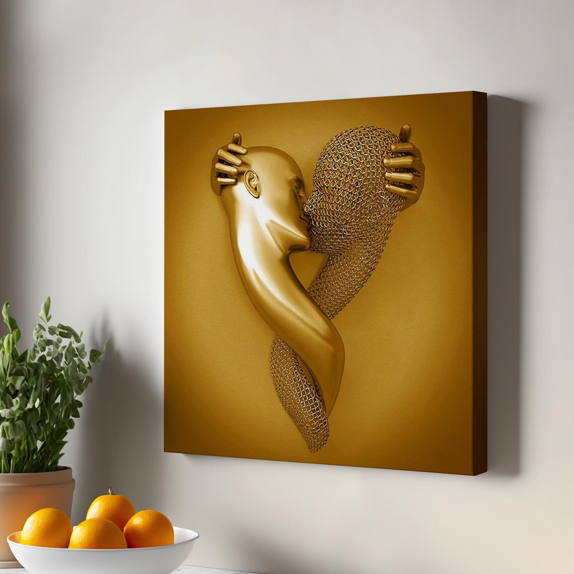 Golden Lovers Embrace 3D Metallic Sculpture Style Art Poster
