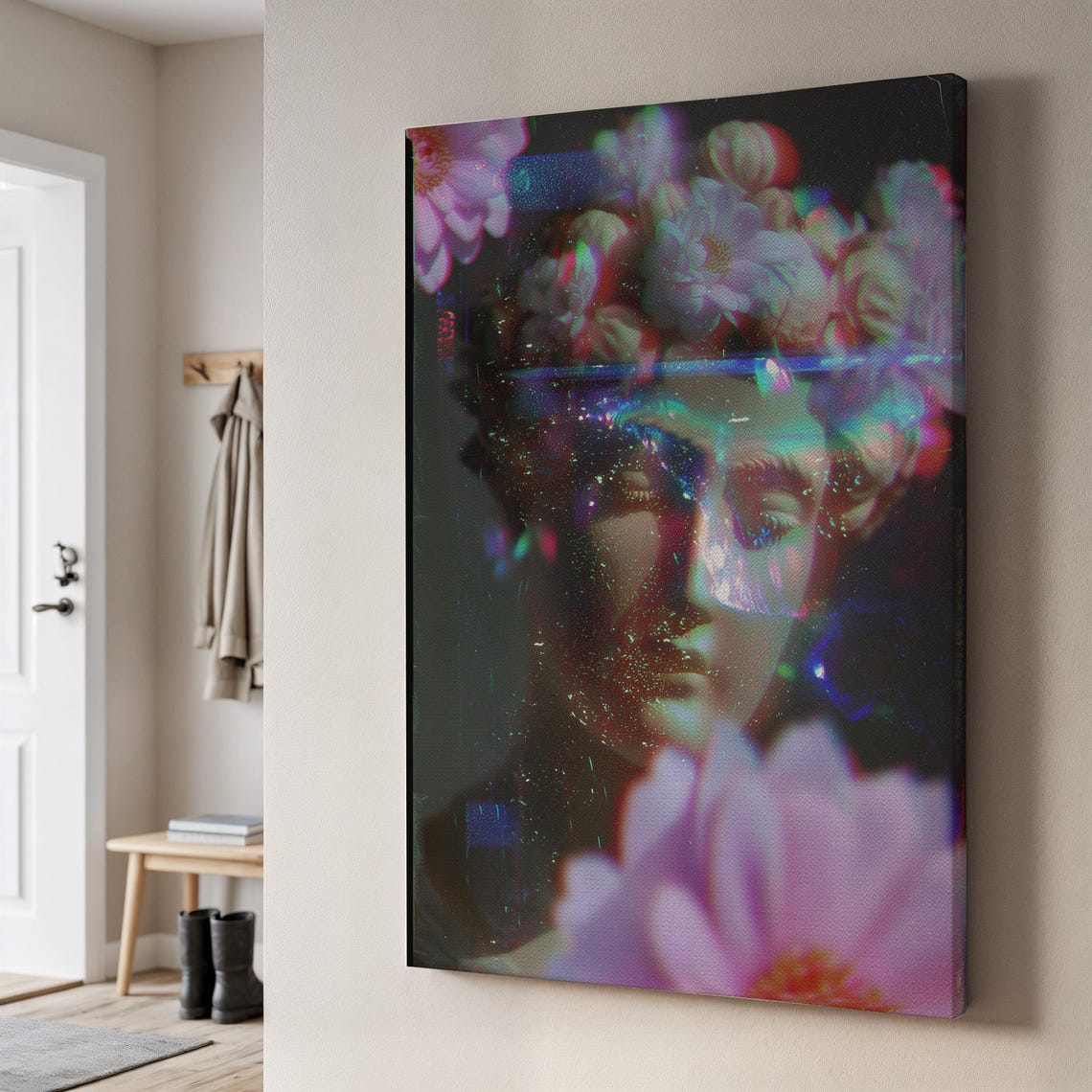 Glitch Floral Bust Statue Vaporwave Holographic Art Canvas Print
