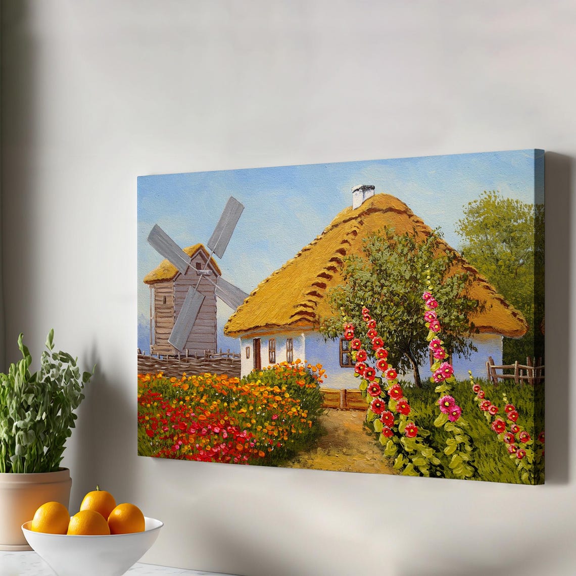 Thatched Cottage Windmill Flower Garden Oil Painting Rustic Wall Art
