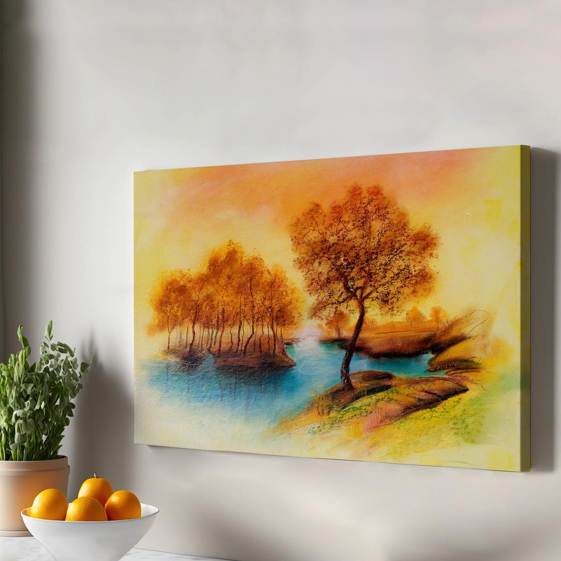 Autumn Trees Lakeside Golden Warm Orange Landscape Canvas Wall Print
