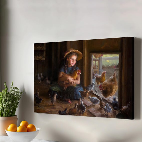 Little Girl In The Henhouse Decorative Wall Art Classic Canvas Modern Decor Framed Room