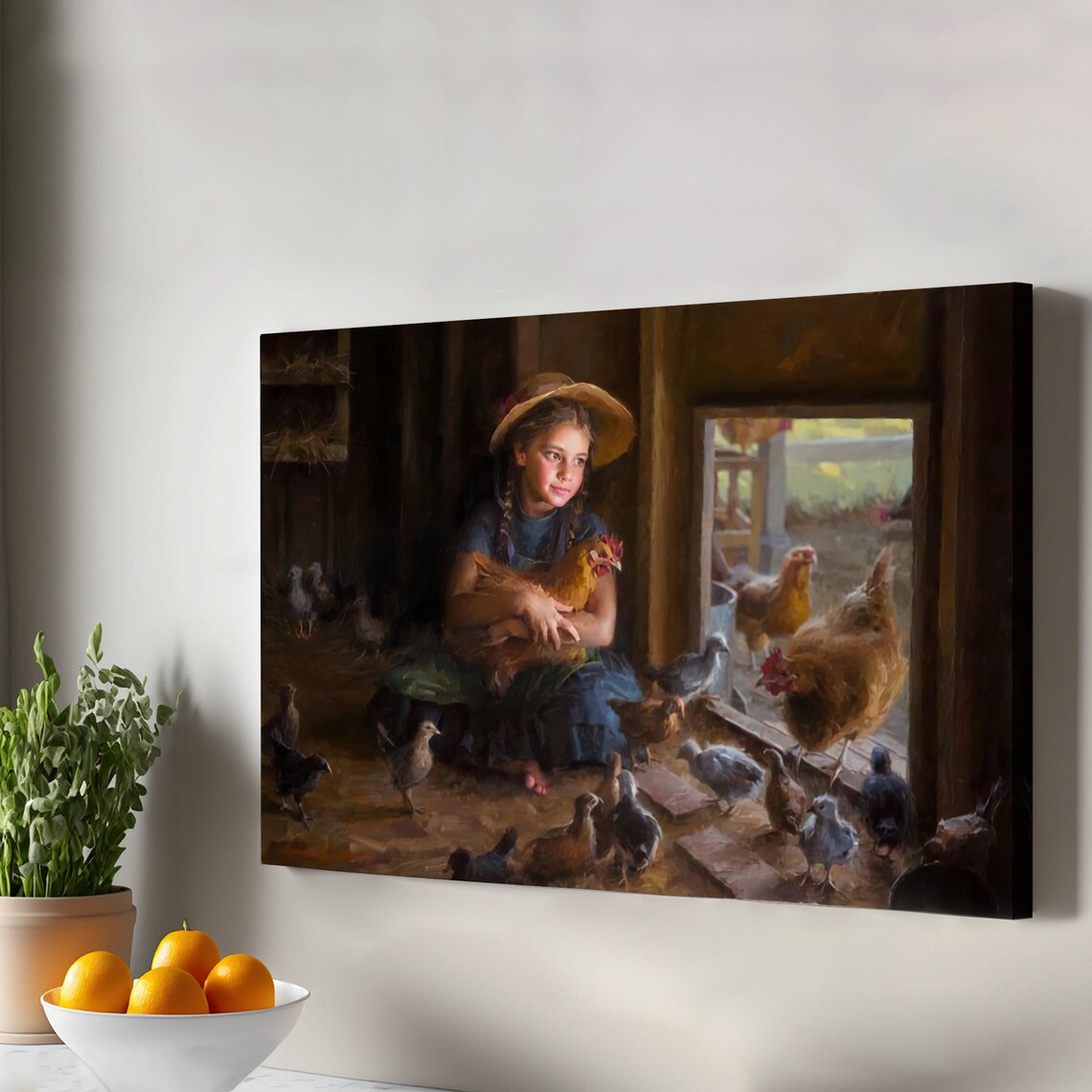 Little Girl In Henhouse Chickens Vintage Farmhouse Charm Art Print
