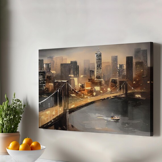 Manhattan Skyline Brooklyn Bridge New York City Night Art Poster