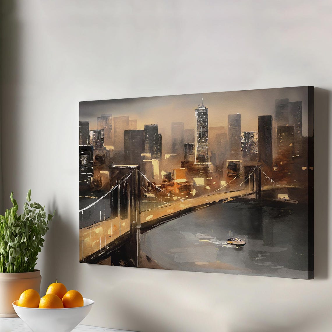 Manhattan Skyline Brooklyn Bridge New York City Night Art Poster