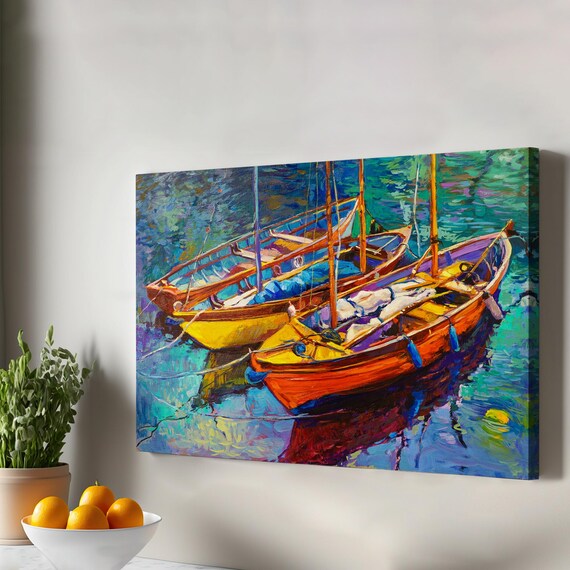 Colorful Sailboats In Harbor Oil Painting Bright Coastal Art Poster
