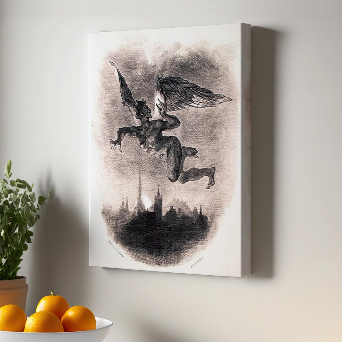 Mephistopheles Flying Over City Delacroix Faust Lithograph Poster