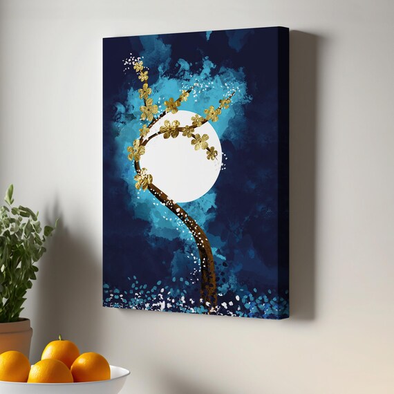 Tree With Golden Flowers And Moon Canvas Art Example Of Abstract Contemporary Wall Housewarming Gifts