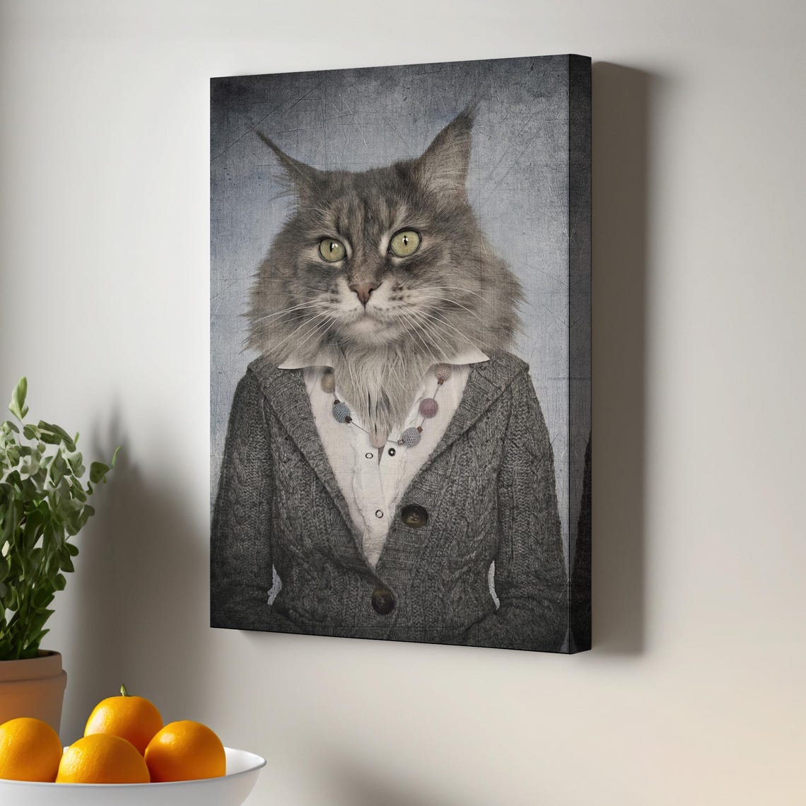 Dressed Gray Cat Portrait Funny Anthropomorphic Cardigan Wall Art
