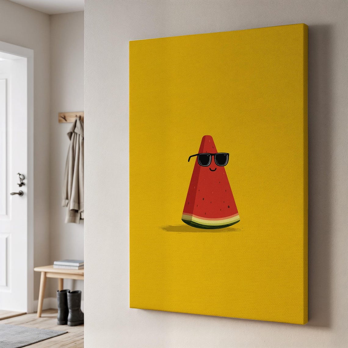 Cool Watermelon Canvas Print Fun Summer Fruit Wall Art With Sunglasses Minimalist Yellow Backgroundplayful Decor Gift For Kitchen Or Kids