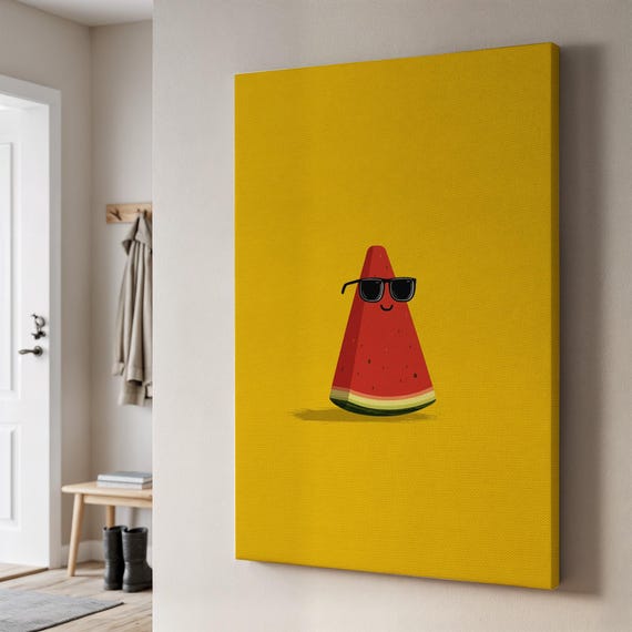 Cool Watermelon Canvas Print Fun Summer Fruit Wall Art With Sunglasses Minimalist Yellow Backgroundplayful Decor Gift For Kitchen Or Kids