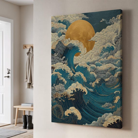 Japanese Wave Art Print, Golden Sun And Ocean Waves