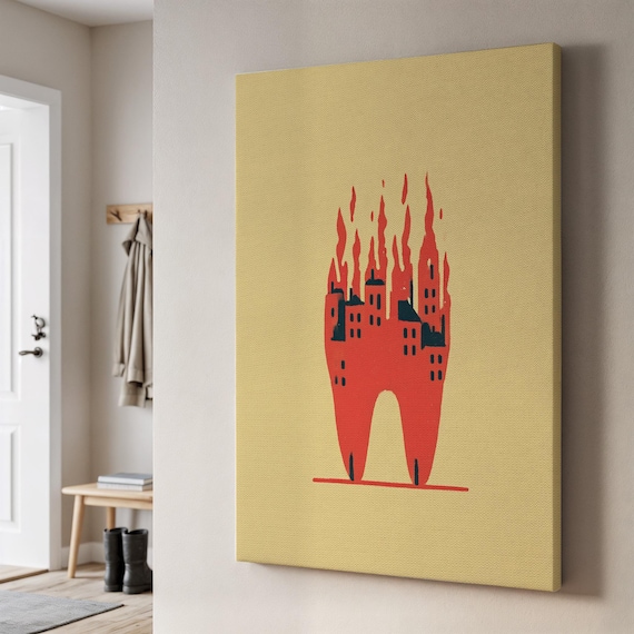 Surreal Castle Tooth Canvas Wall Art Red Flamelike Structure On Beige Symbolic Minimalist Print For Conceptual Or Gothic Room Decor