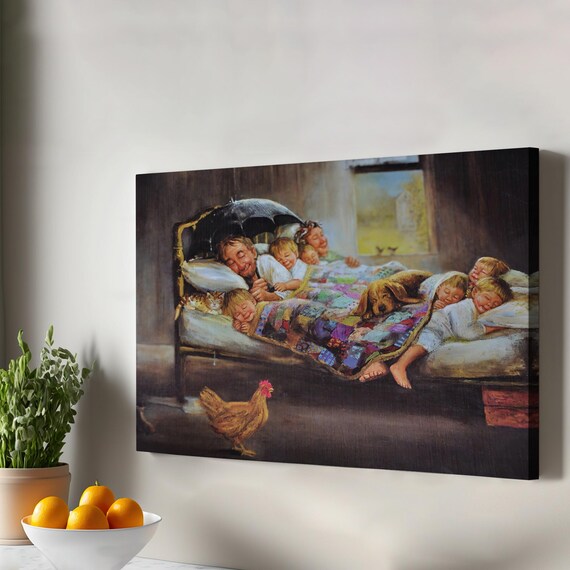 Cozy Sleeping Family Bed Patchwork Quilt Rustic Farmhouse Art Poster