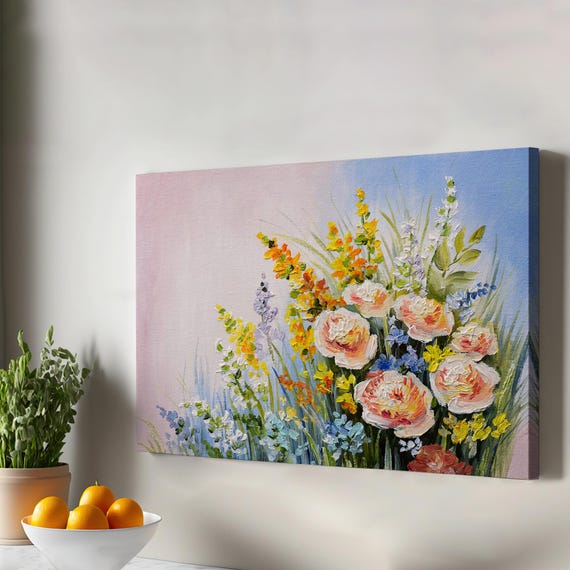 Abstract Summer Flowers Oil Painting Look Decorative Canvas Wall Art Large Flower Print Modern Decor