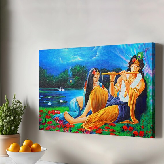 Radha Krishna Flute Divine Couple Indian Spiritual Painting Wall Art