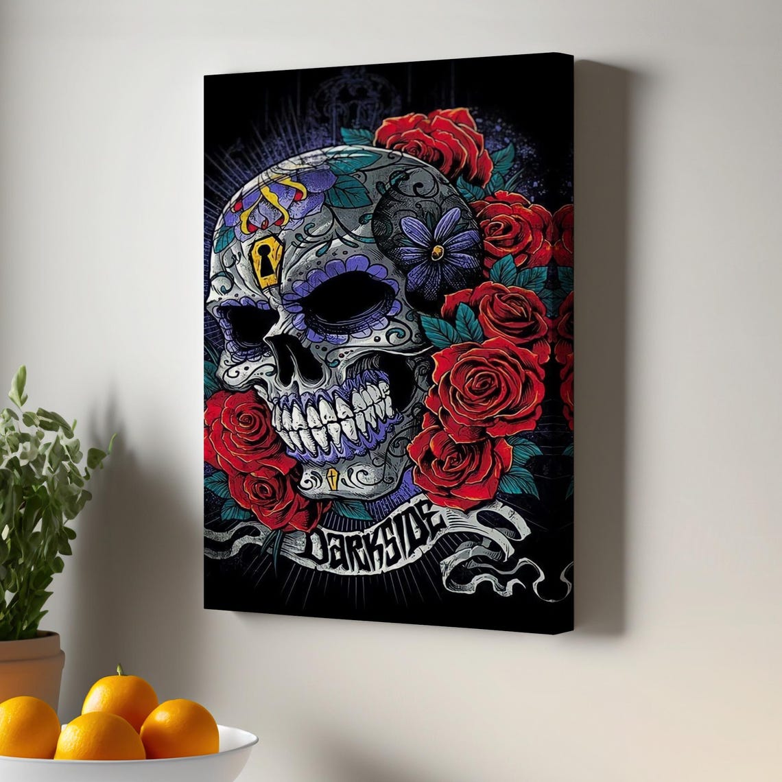 Skull Poster With Colorful Flowers Sugar Artistic Canvas Painting Minimal Print Framed Wall Art Large