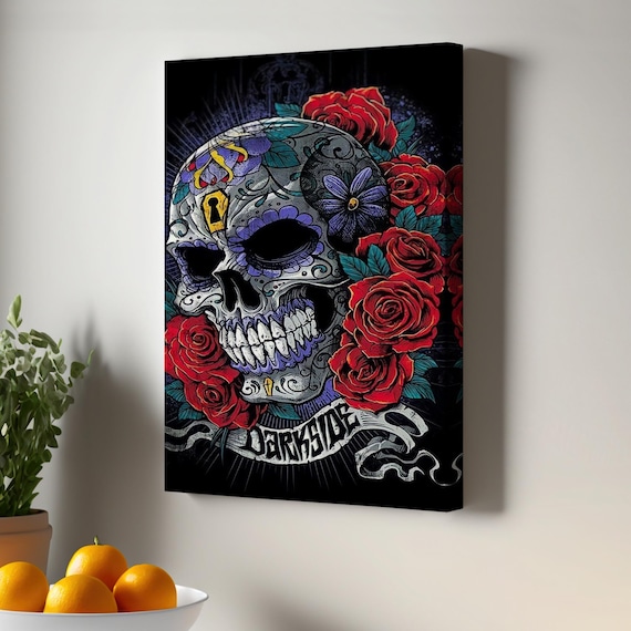 Skull Poster With Colorful Flowers Sugar Artistic Canvas Painting Minimal Print Framed Wall Art Large