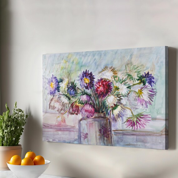 Purple Aster Flowers In Vase Soft Watercolor Floral Still Life Print