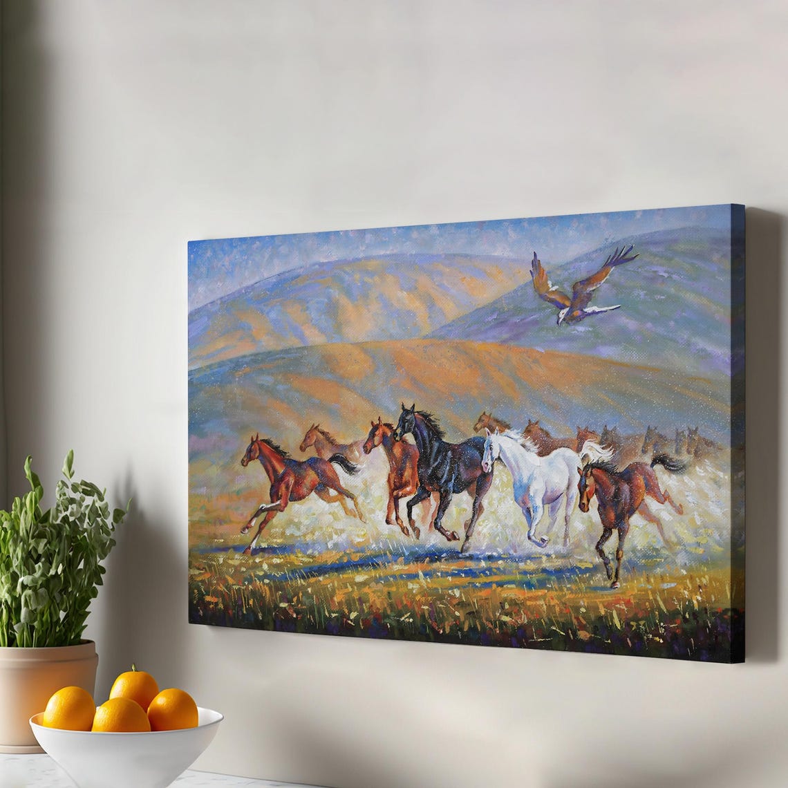 Galloping Horses Eagle Soaring Oil Painting Style Wild West Art Print