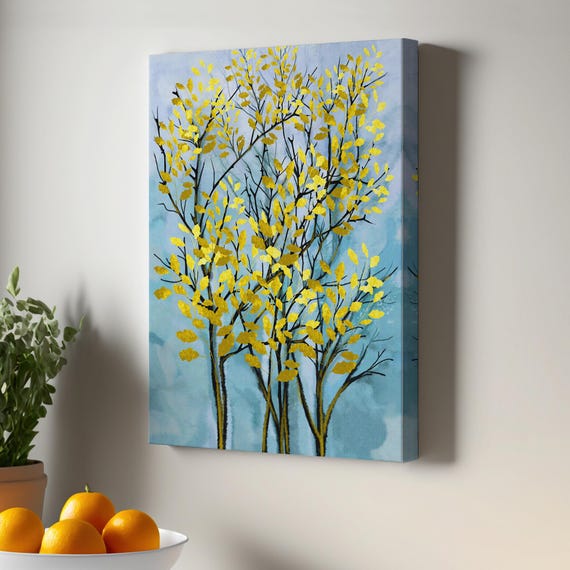 Abstract Decorative Canvas Painting With Yellow Leaves Flower Print Large Wall Art Housewarming Gifts Framed