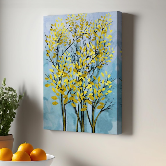 Golden Yellow Leaves Blue Sky Autumn Tree Watercolor Art Poster