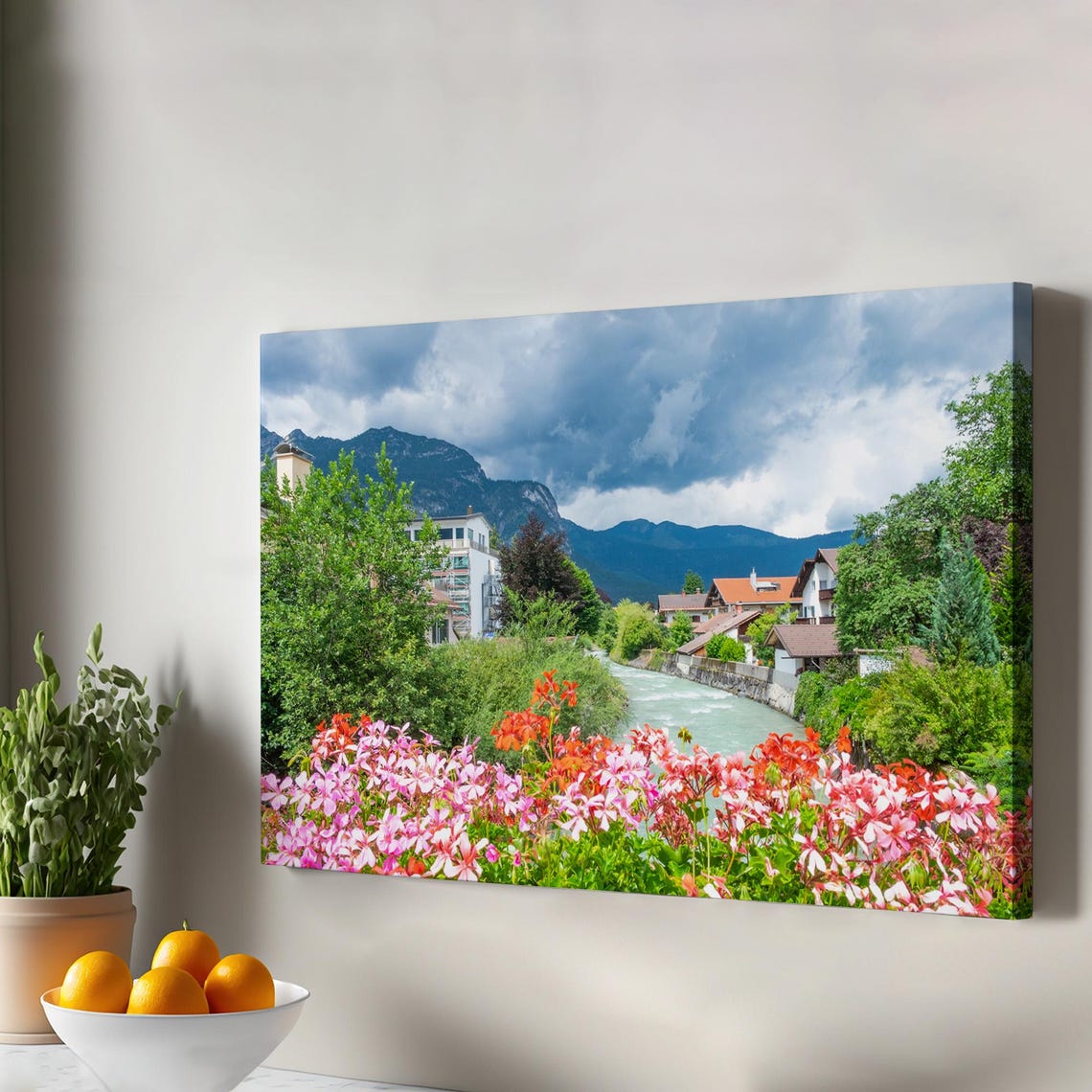 Garmisch Partenkirchen River Village Alpine Flowers Scenic Poster