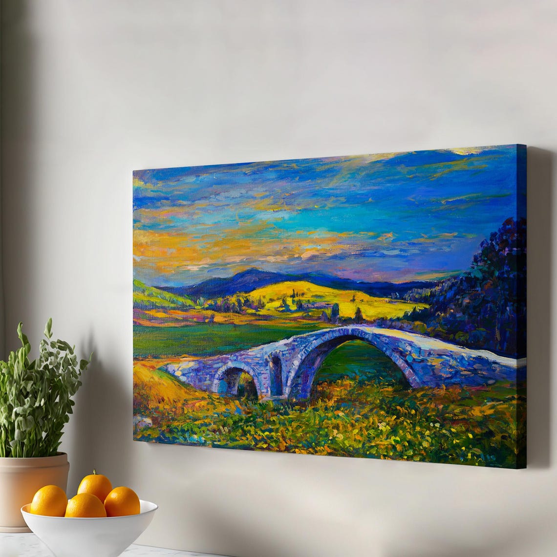 Stone Arch Bridge Golden Sunset Landscape Vibrant Oil Poster