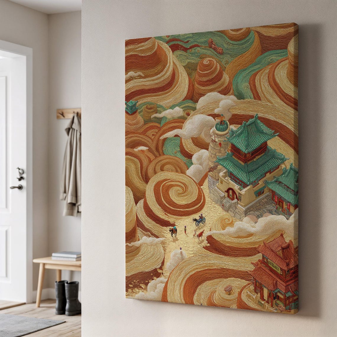 Oriental Desert Temple in a Surreal Sandstorm Fantasy Landscape Poster