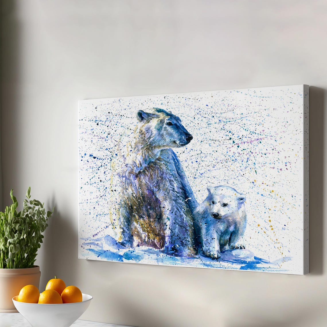 Polar Bear And Cub Decorative Canvas Painting Animal Modern Wall Art Large Framed Decor